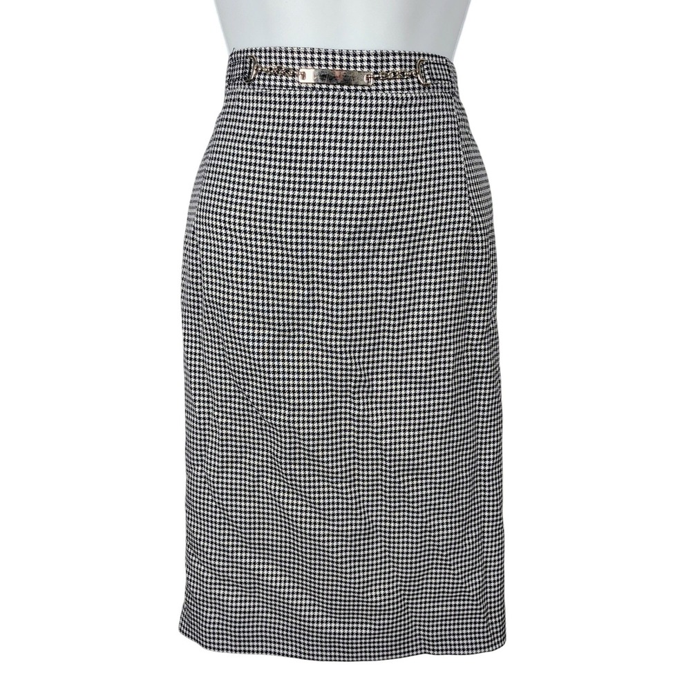 Vintage Trix Navy White Houndstooth Pencil Skirt Chain Detail Size 18 Made USA
